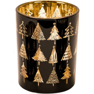 Theelichthouder Zwart Glas – Gouden Kerstbomen – 2 Maten
